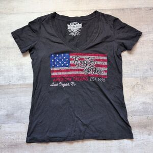 EAGLERIDER MOTORCYCLES Womens USA black Rhinestone Flag Las Vegas Tee XL